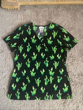 Scrubstar Black Cactus Print V-Neck Scrub Top with Pink Accents SZ M
